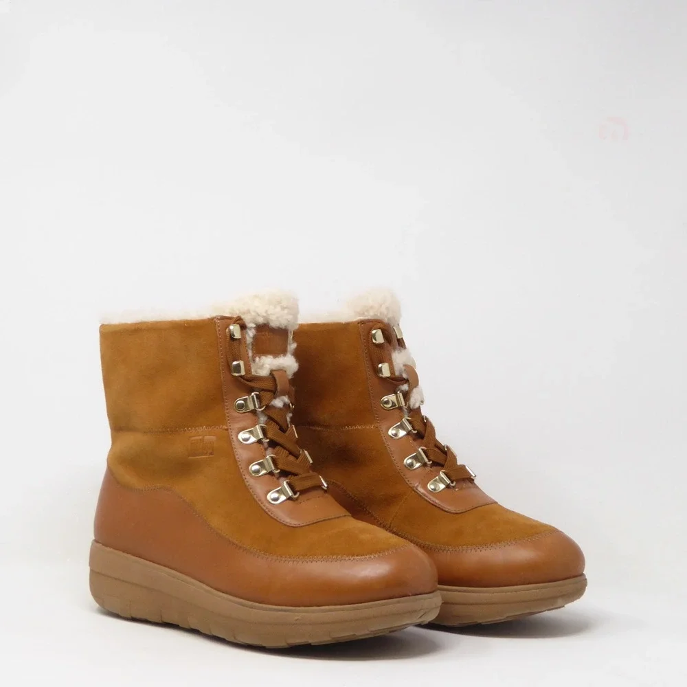 FitFlop Mukluk III Women Boots Brown Leather Suede Shearling Lined Lace Up 9